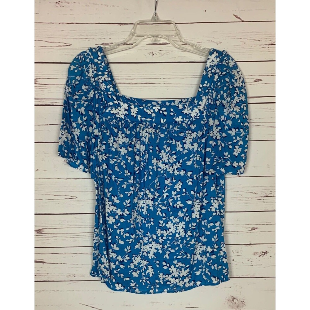 Draper James Women's L Large Blue White Floral Short Sleeve Spring Top Blouse